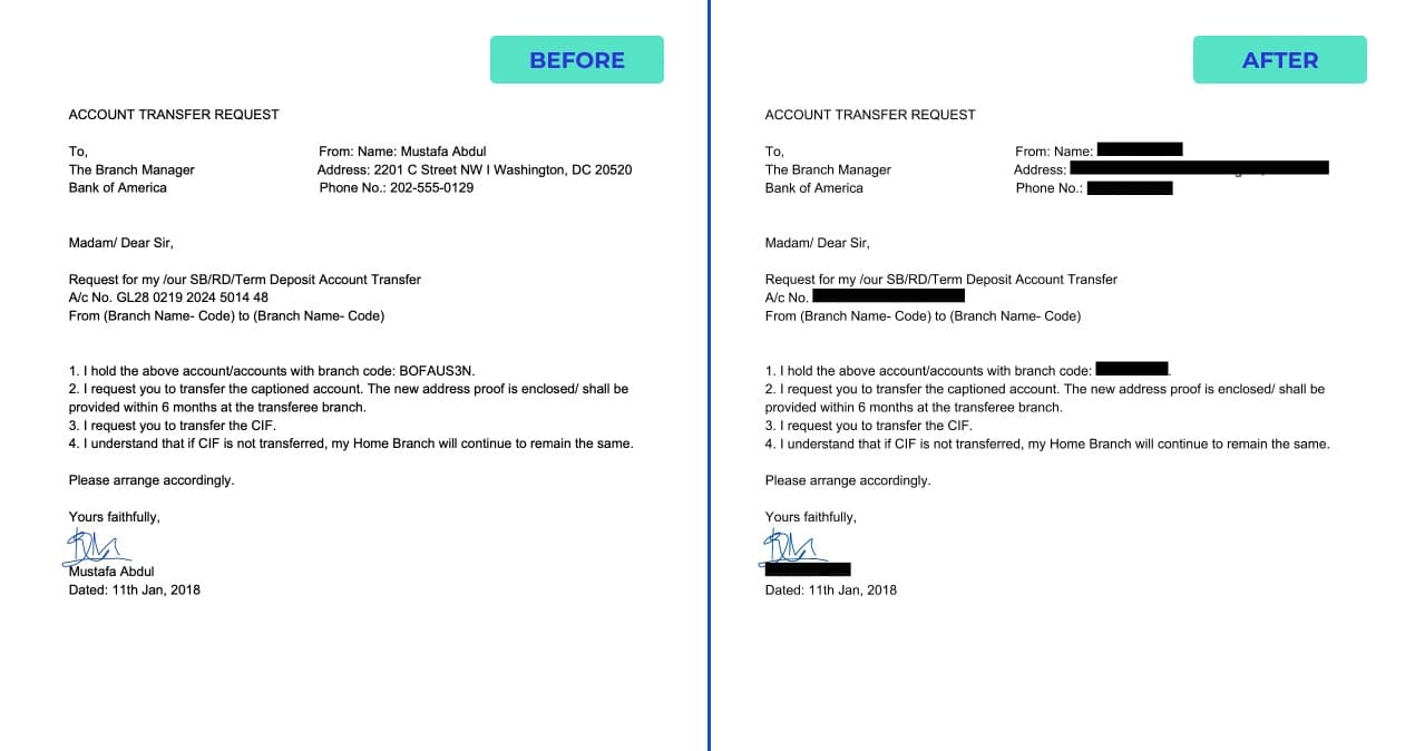 Document redaction example showing PII protection